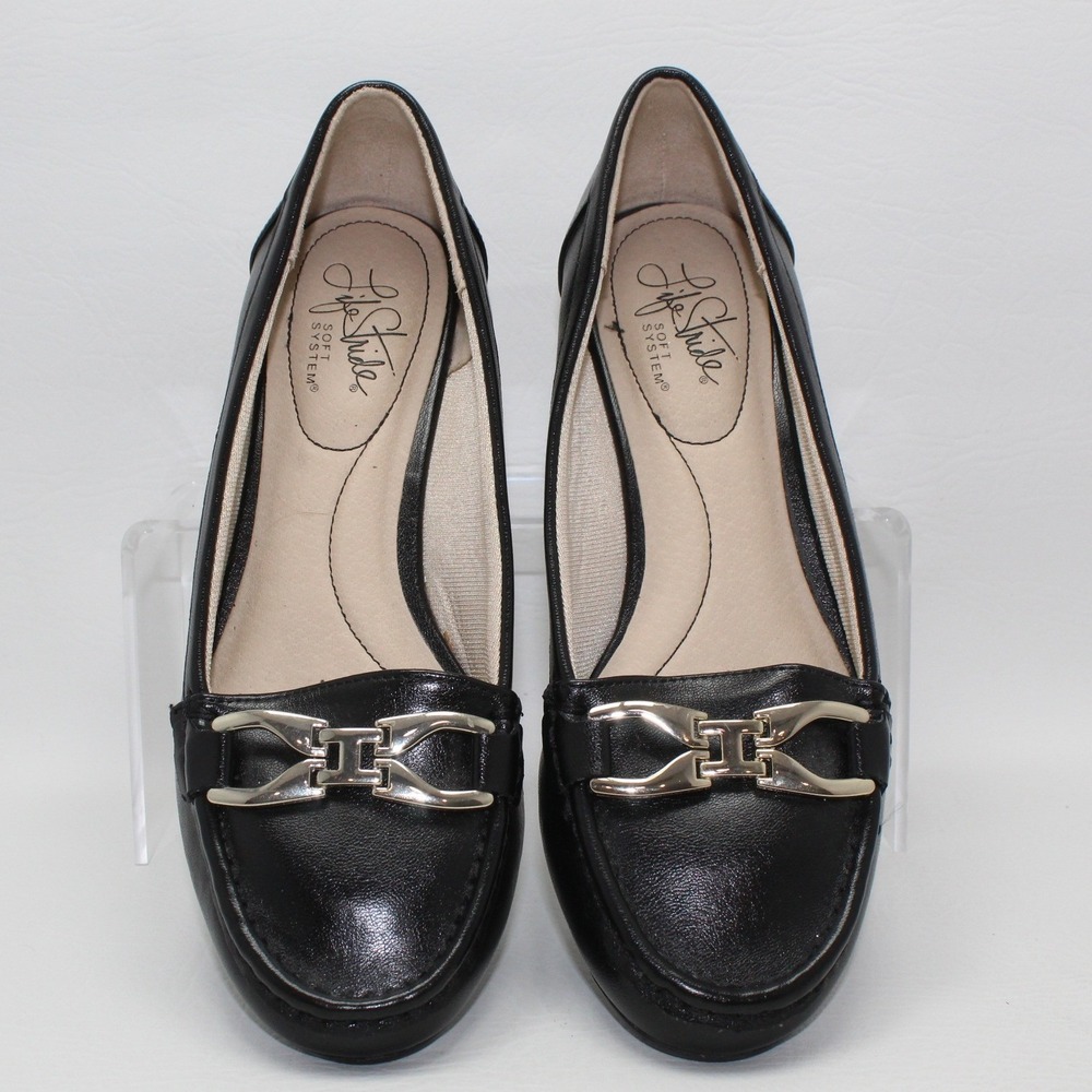 LifeStride Fatima Black Wedge Pumps Silver Horsebit Loafer Heels Womens 7M